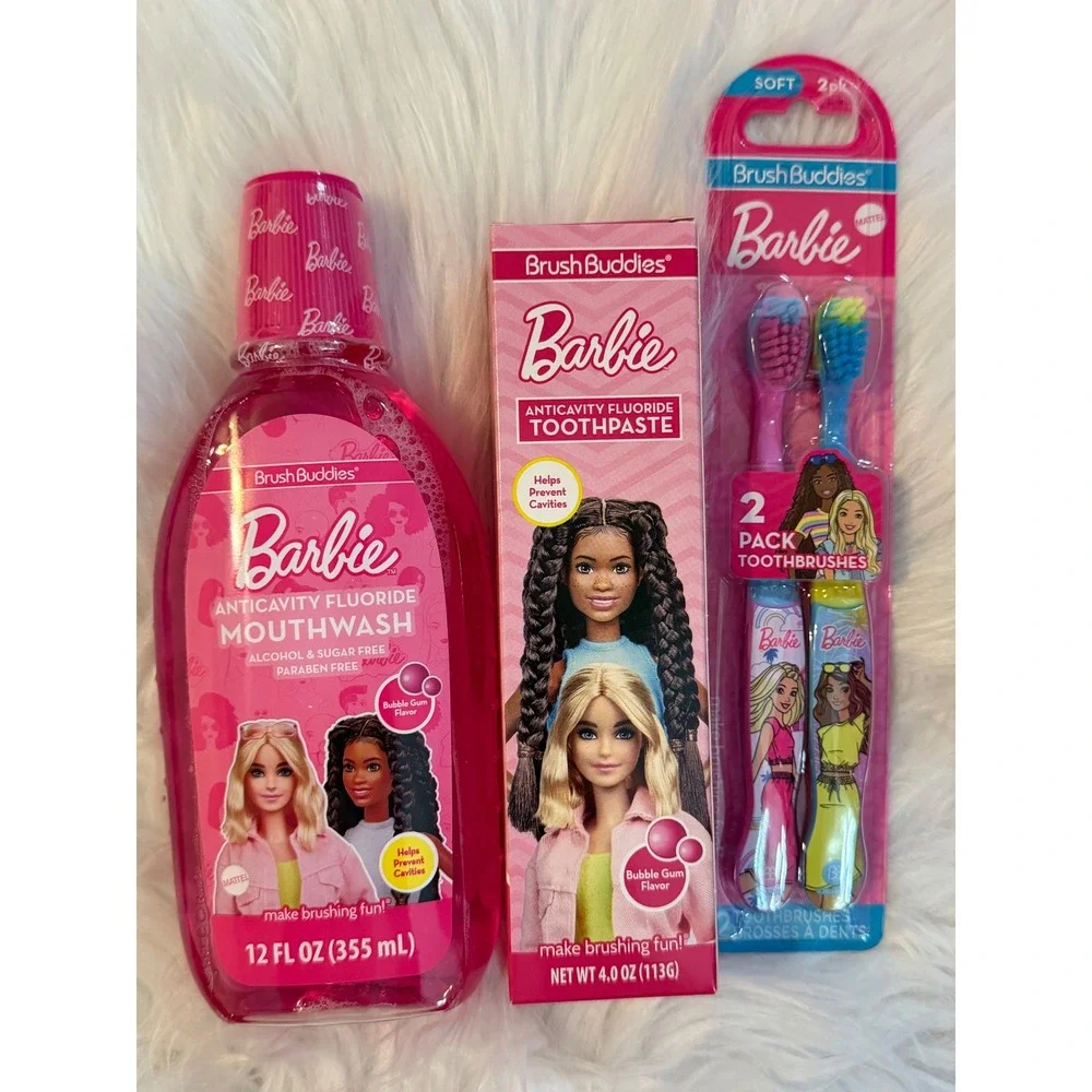 Barbie Brush Buddies Dental Set Mouthwash Toothpaste 2pk Toothbrushes Bubble Gum